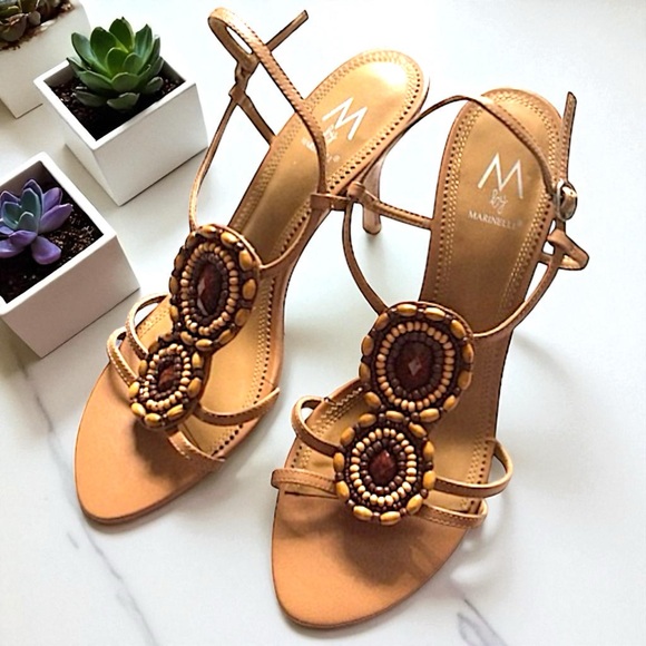 Marinelli “Riona” Beaded Wooden Bezel Stone T-Strap Heels Sandals - Picture 2 of 16